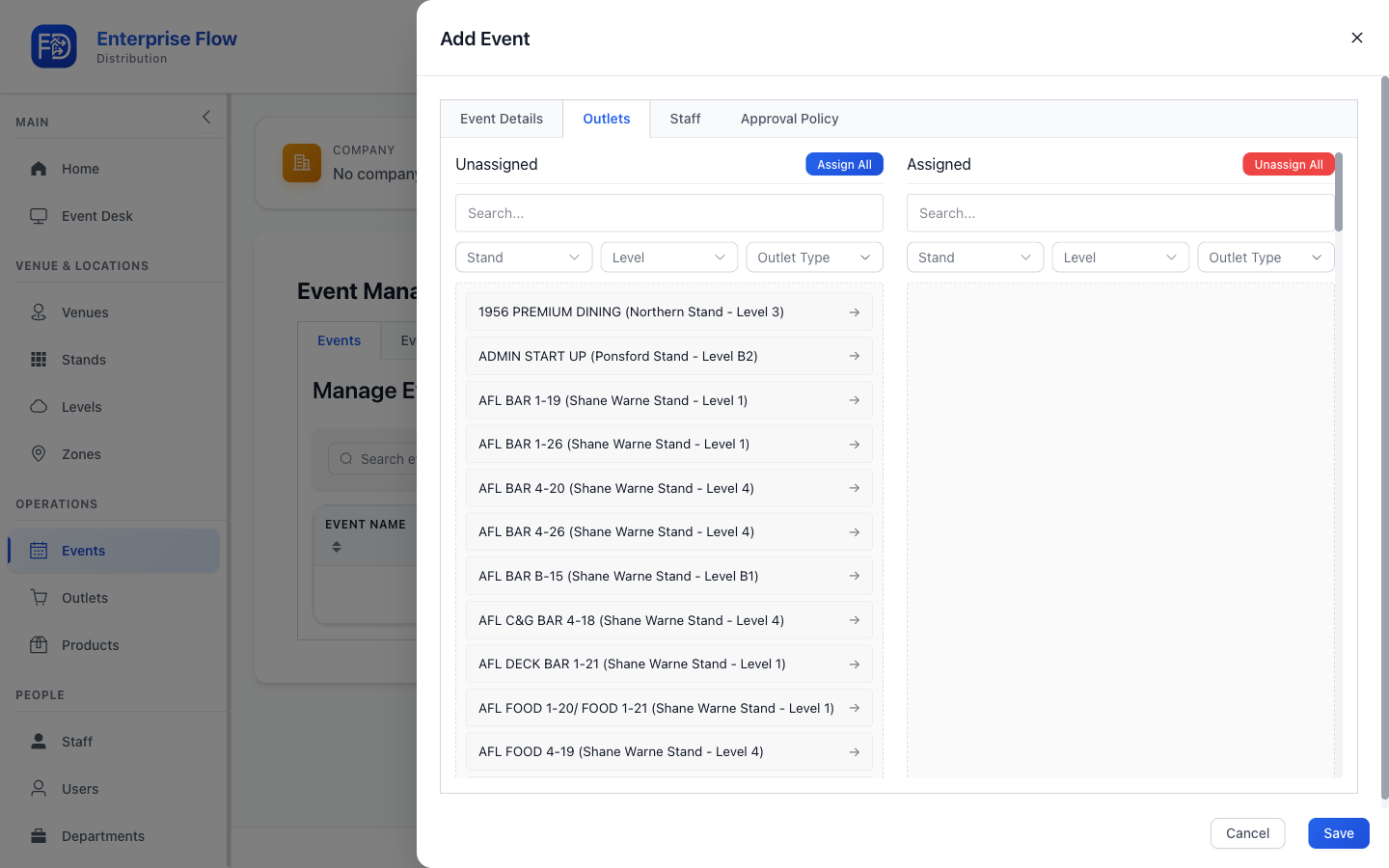 Event outlets tab